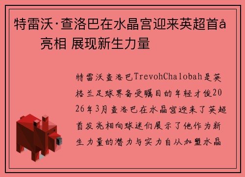 特雷沃·查洛巴在水晶宫迎来英超首发亮相 展现新生力量